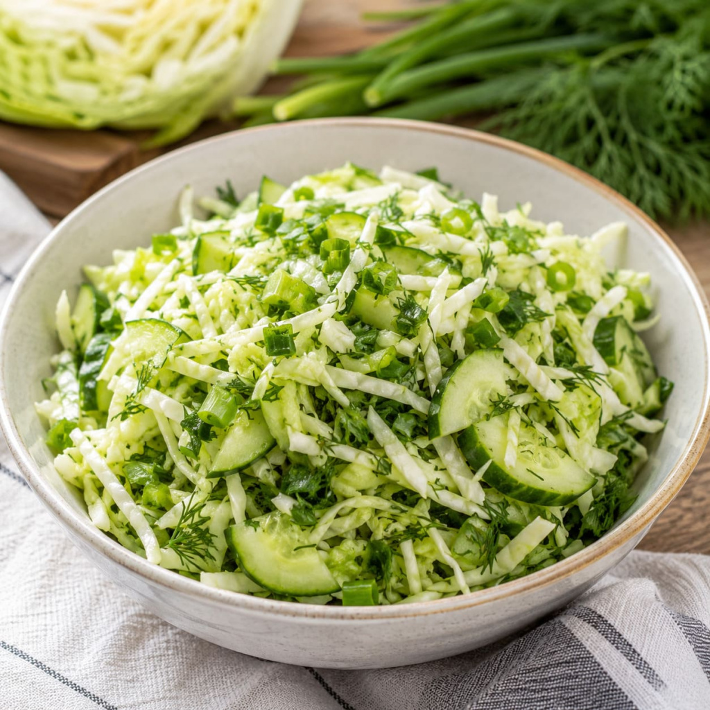 Салат из свежей капусты, огурцов и зелени