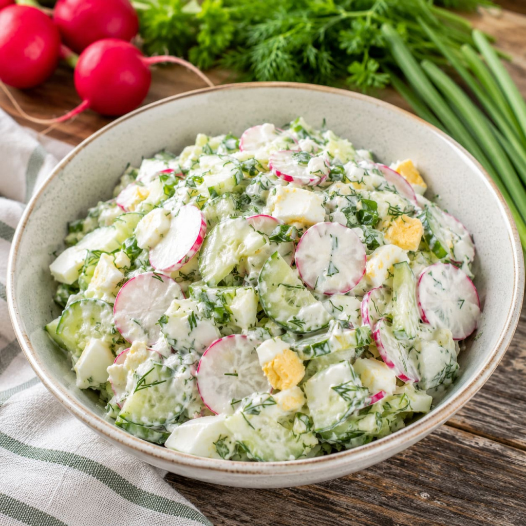 Салат с редисом, яйцом и сметаной